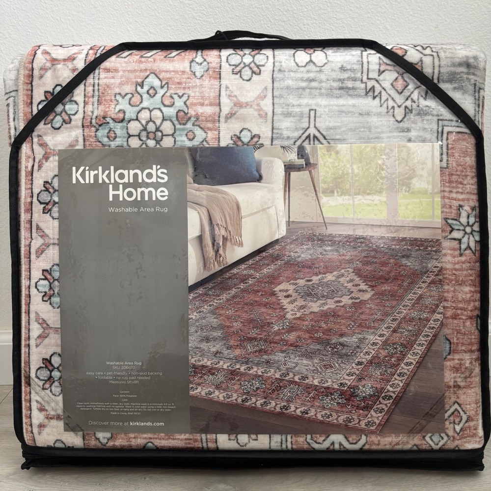 NWT Kirklands Home Washable Rug 5x8 Terracotta Blue Persian Medallion 306670
